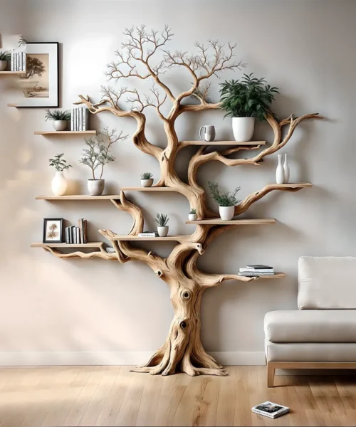 Driftwood bookshelf in the shape of perennial driftwood. Bookshelf in the shape of solid wood for home decoration