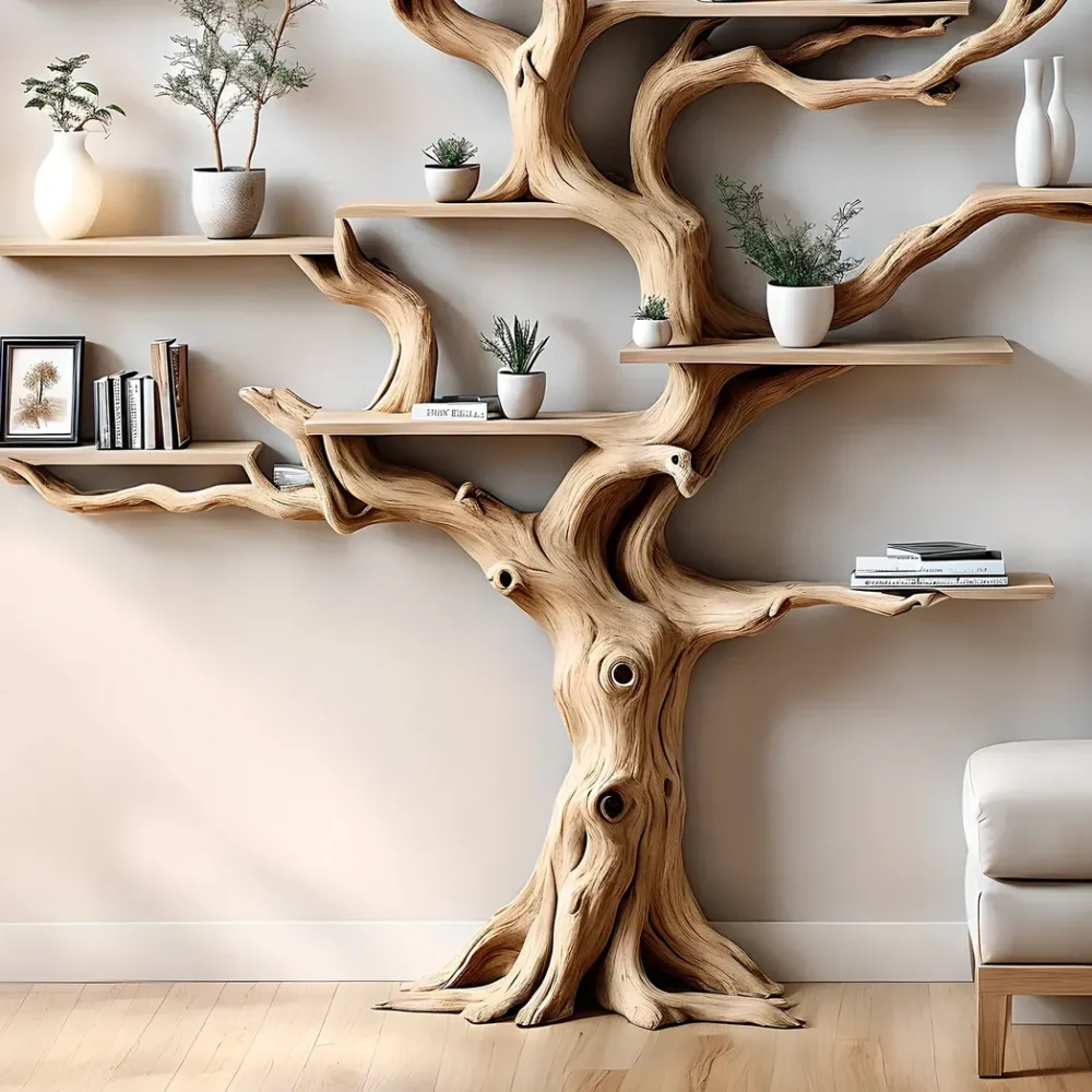 Driftwood bookshelf in the shape of perennial driftwood. Bookshelf in the shape of solid wood for home decoration - Image 2