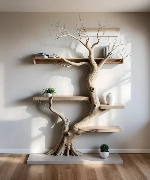 Bookshelf made from tree rustic floating shelf decorative bookcase home decor .