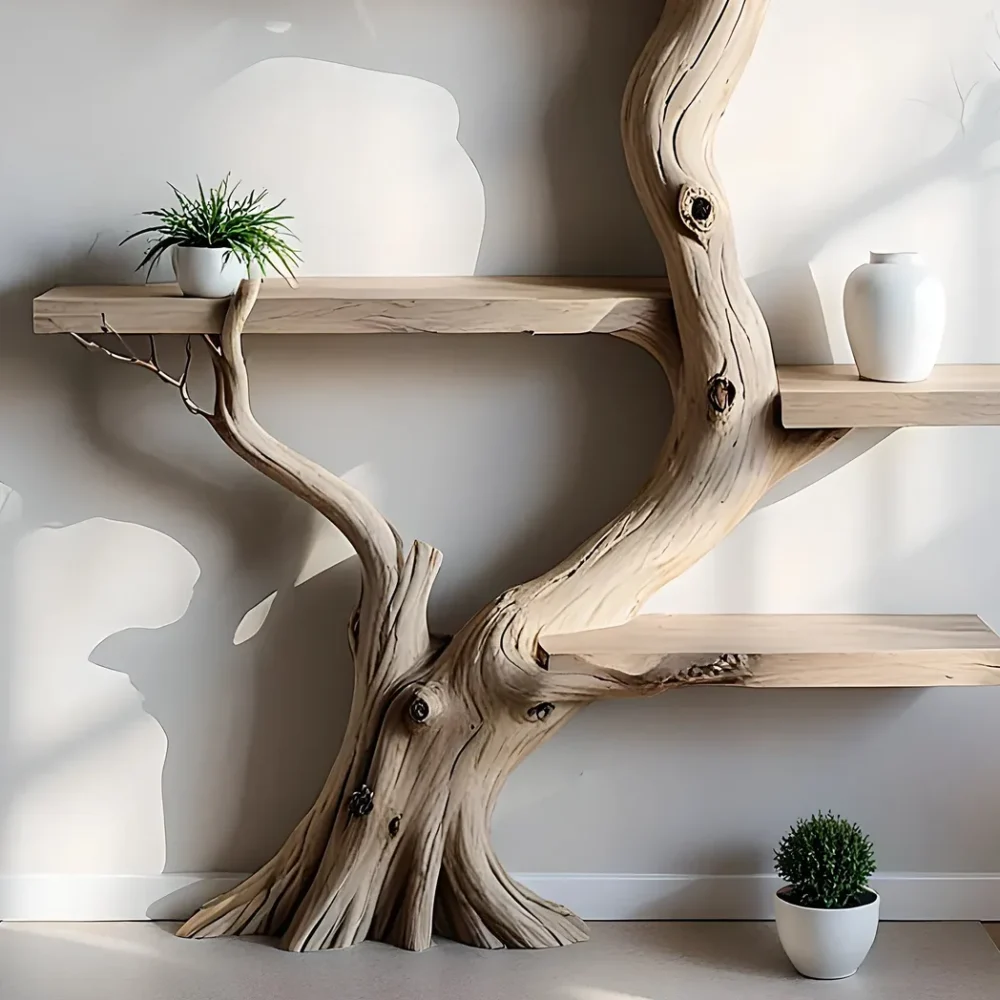 Bookshelf made from tree rustic floating shelf decorative bookcase home decor . - Image 3