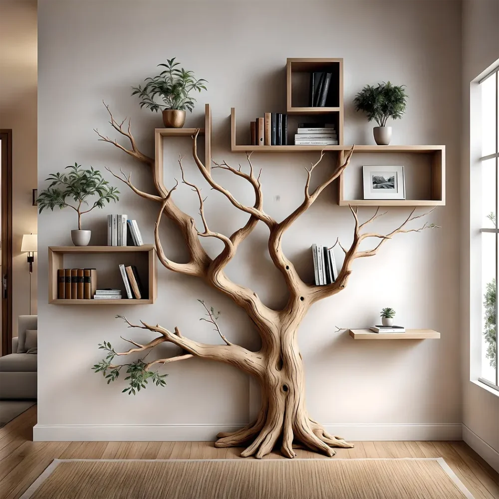 Bookshelf shaped like an old tree, aged wooden bookshelf, wall-mounted decorative bookshelf