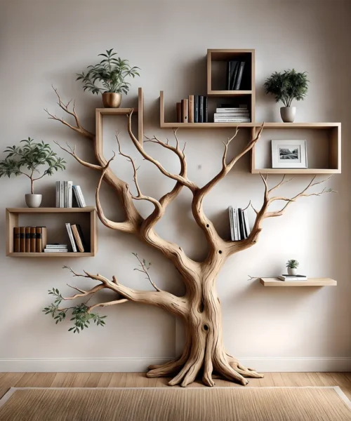 Bookshelf shaped like an old tree, aged wooden bookshelf, wall-mounted decorative bookshelf