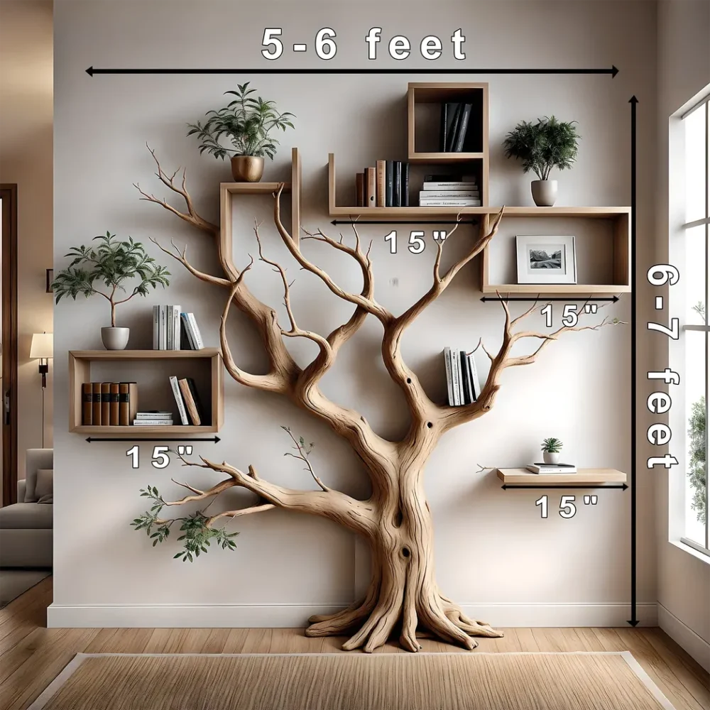 Bookshelf shaped like an old tree, aged wooden bookshelf, wall-mounted decorative bookshelf - Image 3