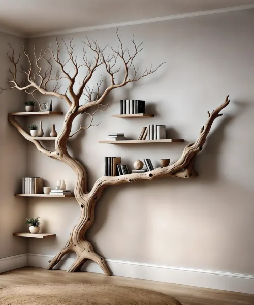 Decorative bookshelf made of solid driftwood for home decoration