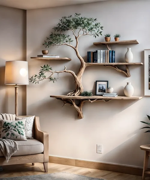 Bookshelf Decorated with Tree Branches Solid Wooden Bookshelf for Home Decoration