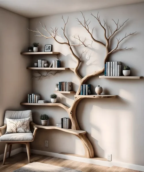 Bookshelf Tree-shaped wooden shelf for interior decoration, handmade wooden shelf, bookshelf made of aged wood