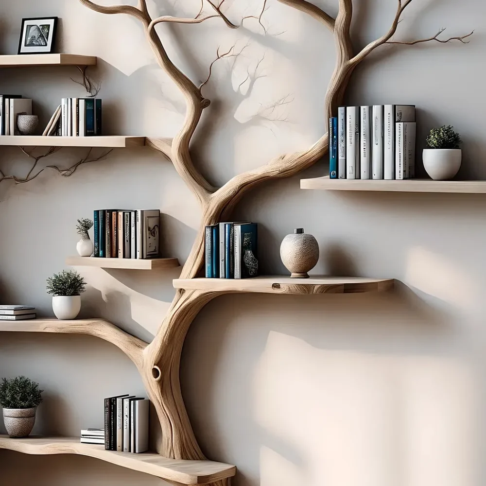 Bookshelf Tree-shaped wooden shelf for interior decoration, handmade wooden shelf, bookshelf made of aged wood - Image 3