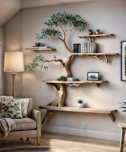 Bookshelf Tree-shaped wooden shelf for interior decoration, handmade wooden shelf
