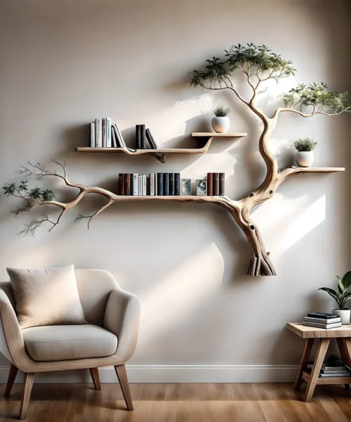 Bookshelf decorated with tree branch wall-mounted bookshelf Solid wood bookshelf for decoration