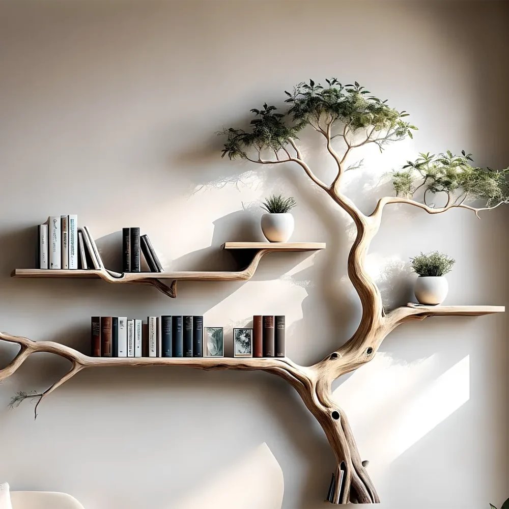 Bookshelf decorated with tree branch wall-mounted bookshelf Solid wood bookshelf for decoration - Image 2