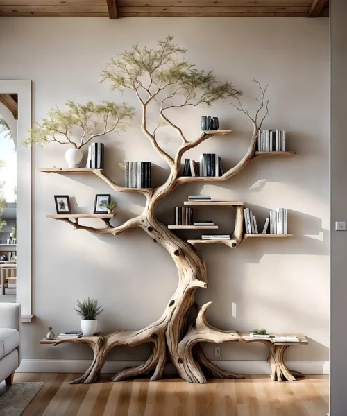 Driftwood bookshelf decorates home wall
