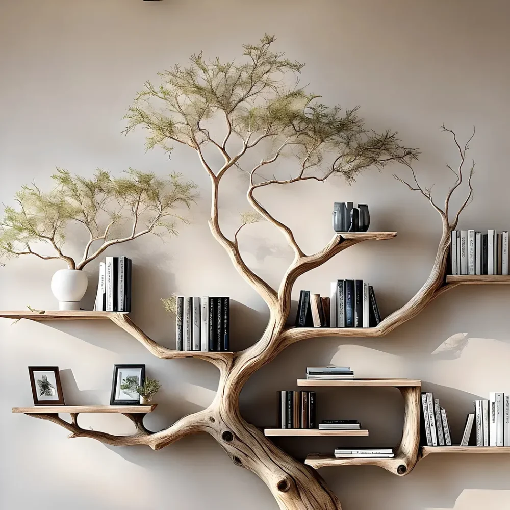 Driftwood bookshelf decorates home wall - Image 2