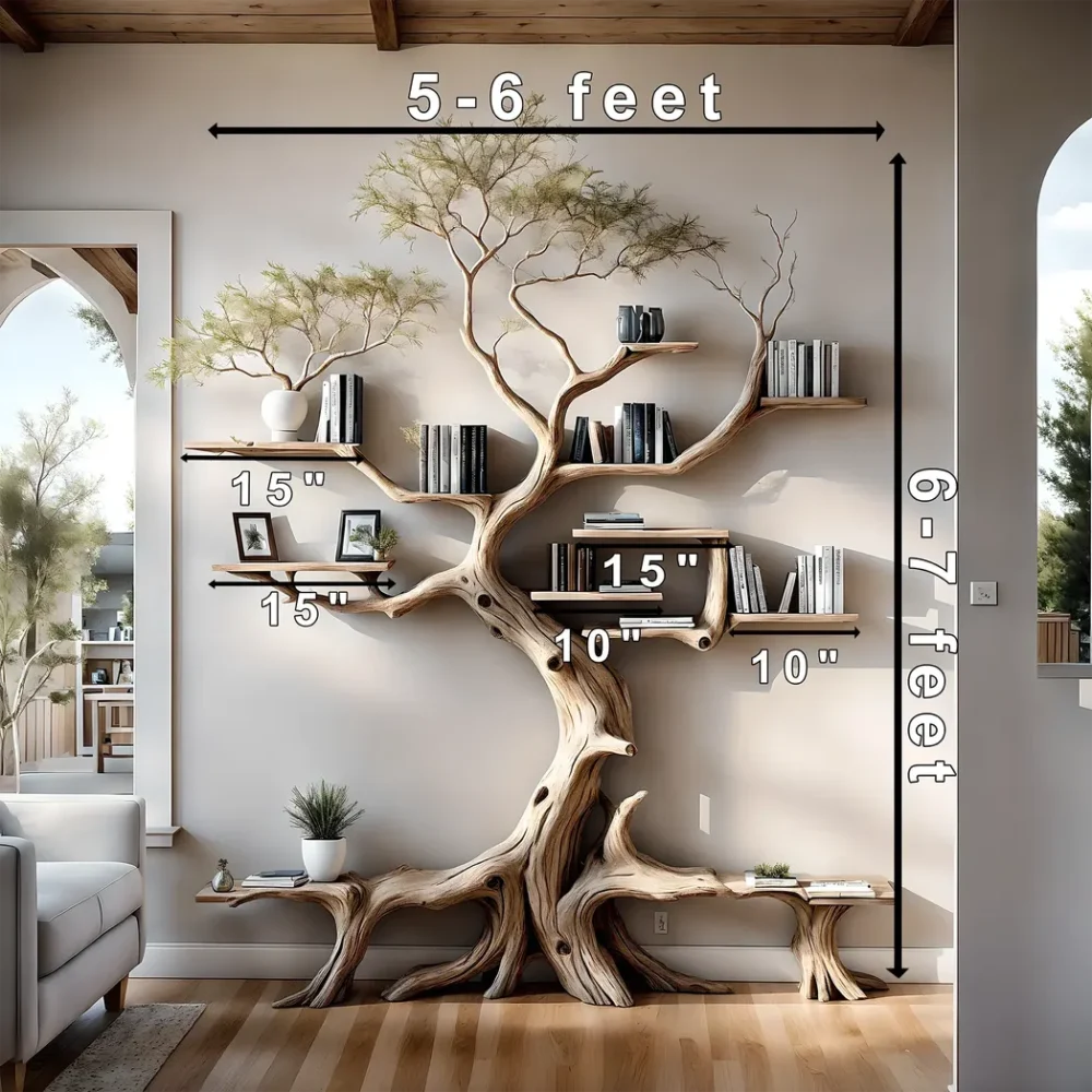 Driftwood bookshelf decorates home wall - Image 3