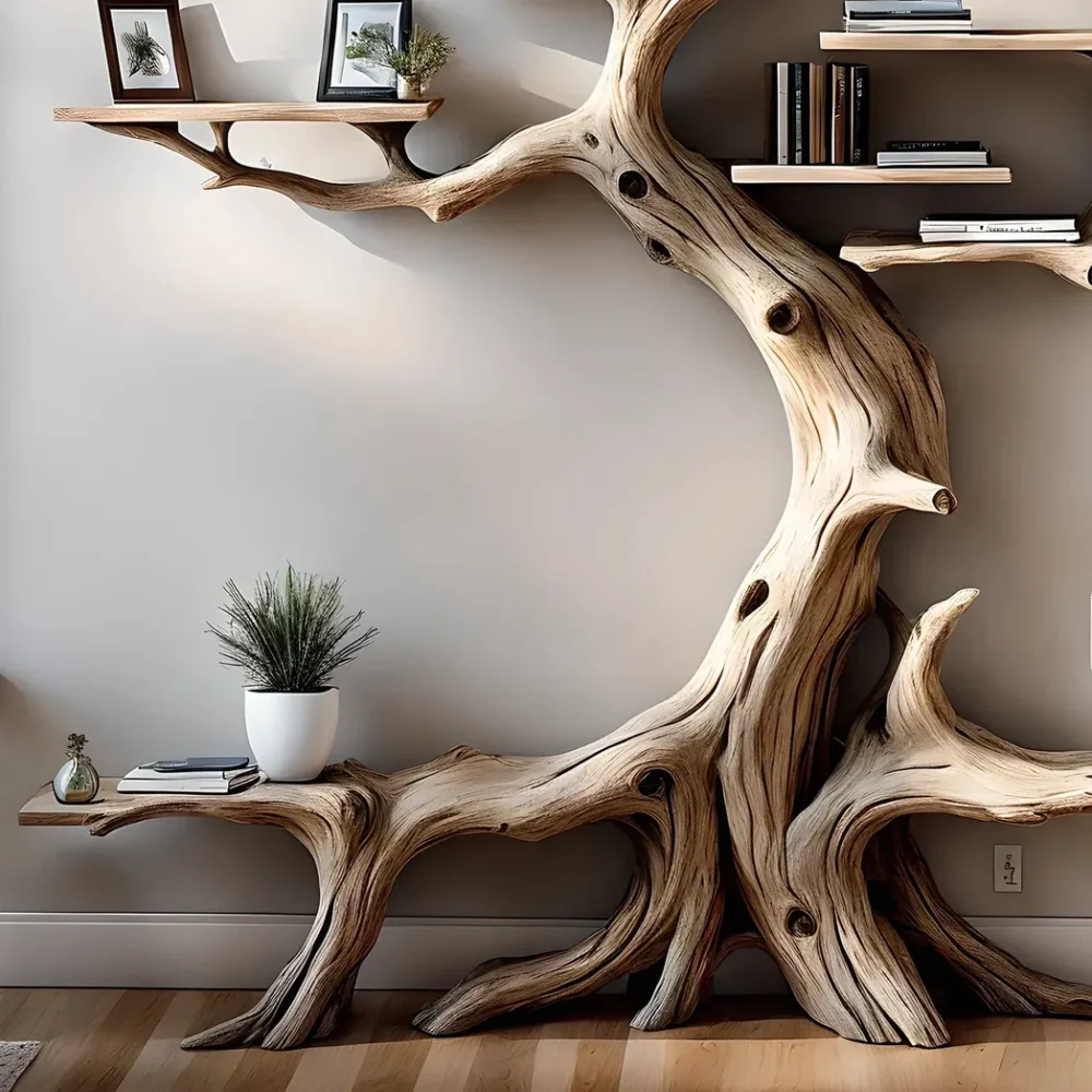 Driftwood bookshelf decorates home wall - Image 5