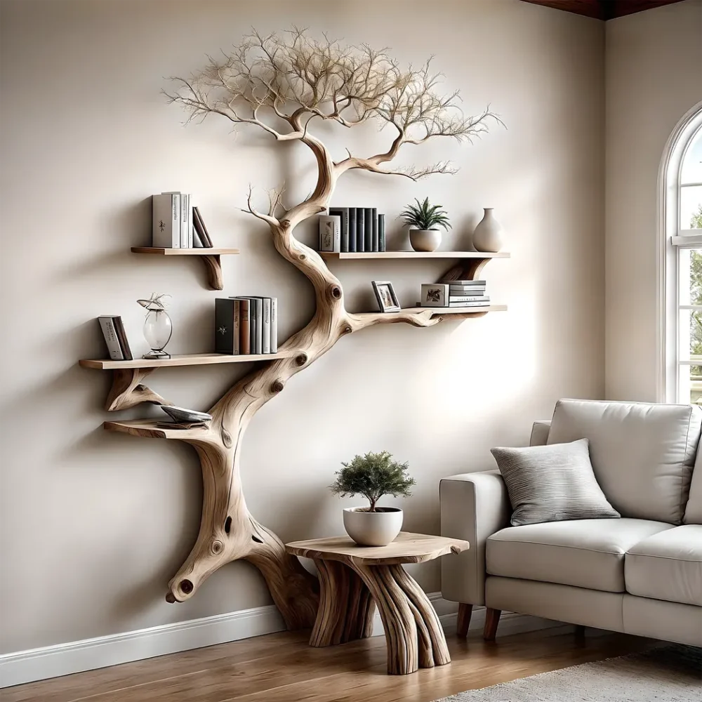Driftwood Bookshelf with Narrow Table Unique and Stylish Home Decor