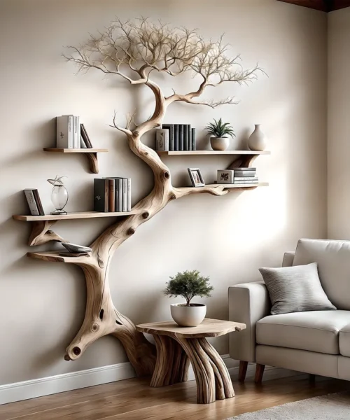 Driftwood Bookshelf with Narrow Table Unique and Stylish Home Decor
