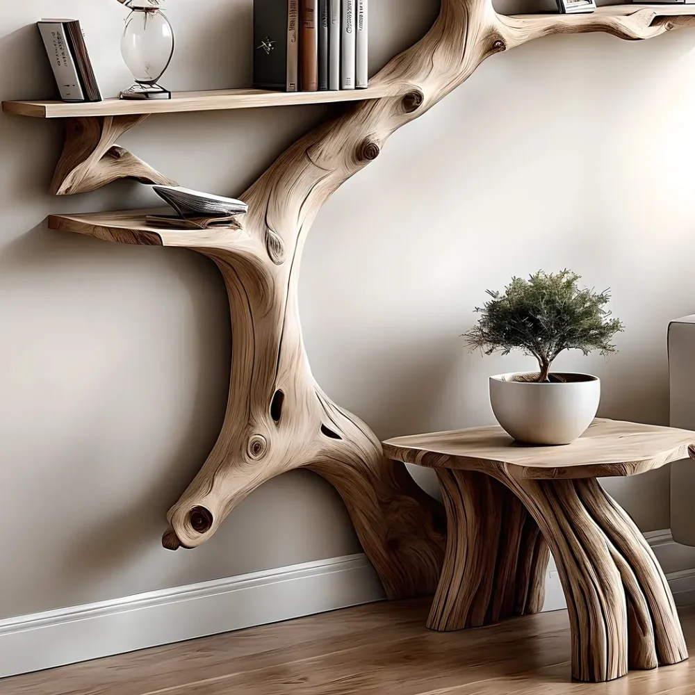 Driftwood Bookshelf with Narrow Table Unique and Stylish Home Decor - Image 5