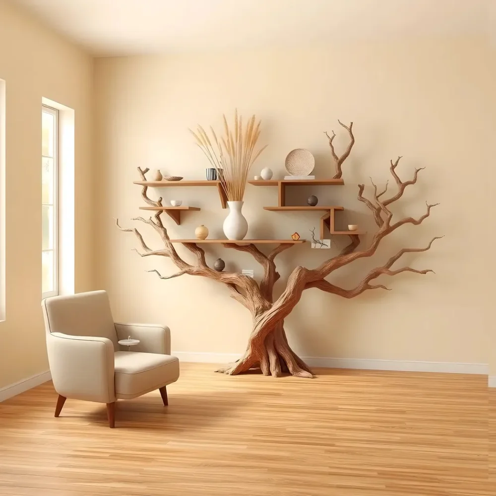 Driftwood bookshelf, tree shaped bookshelf, children's bookshelf.