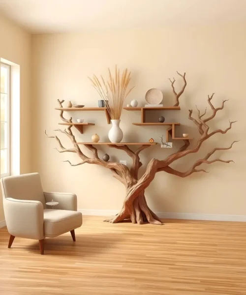 Driftwood bookshelf, tree shaped bookshelf, children's bookshelf.