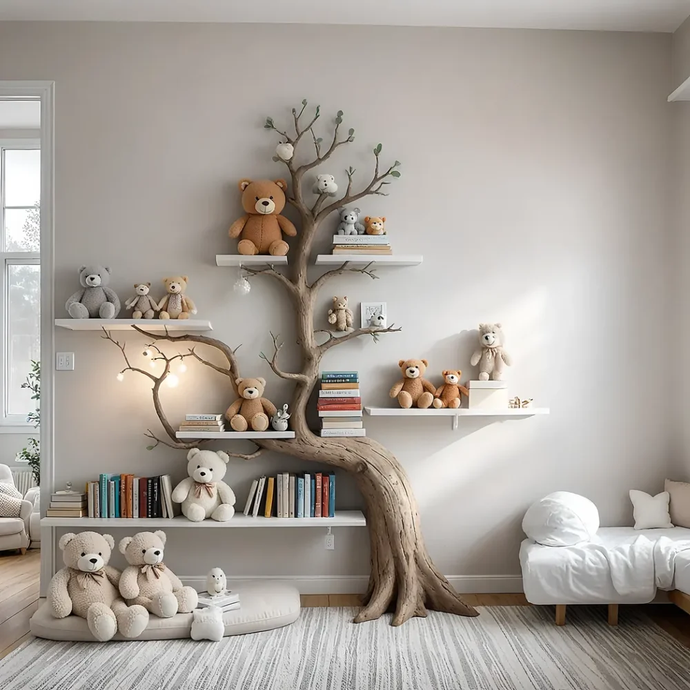 Artistic wall-mounted bookshelf for children - Unique design made of solid wood, toy storage shelf for children.