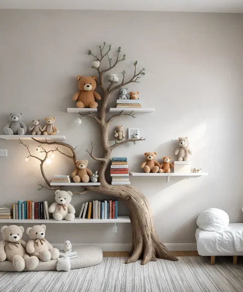 Artistic wall-mounted bookshelf for children - Unique design made of solid wood, toy storage shelf for children.