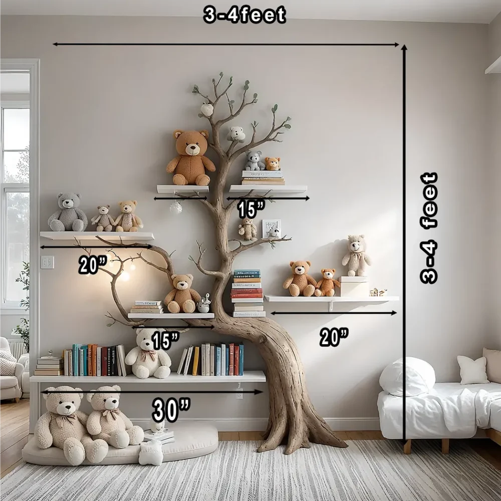 Artistic wall-mounted bookshelf for children - Unique design made of solid wood, toy storage shelf for children. - Image 2