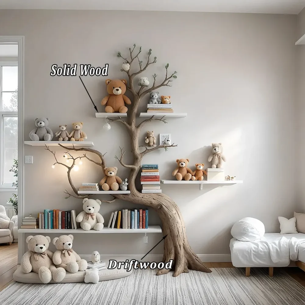 Artistic wall-mounted bookshelf for children - Unique design made of solid wood, toy storage shelf for children. - Image 4