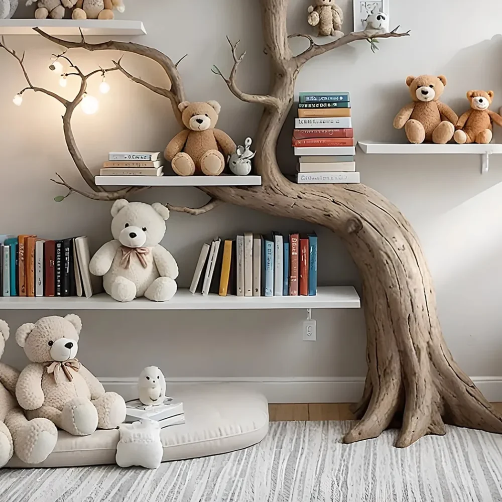 Artistic wall-mounted bookshelf for children - Unique design made of solid wood, toy storage shelf for children. - Image 5