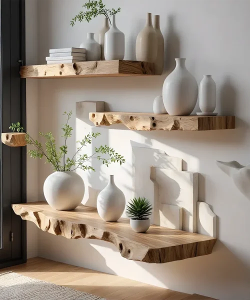 Book shelves, floating wooden shelves, monolithic shelves