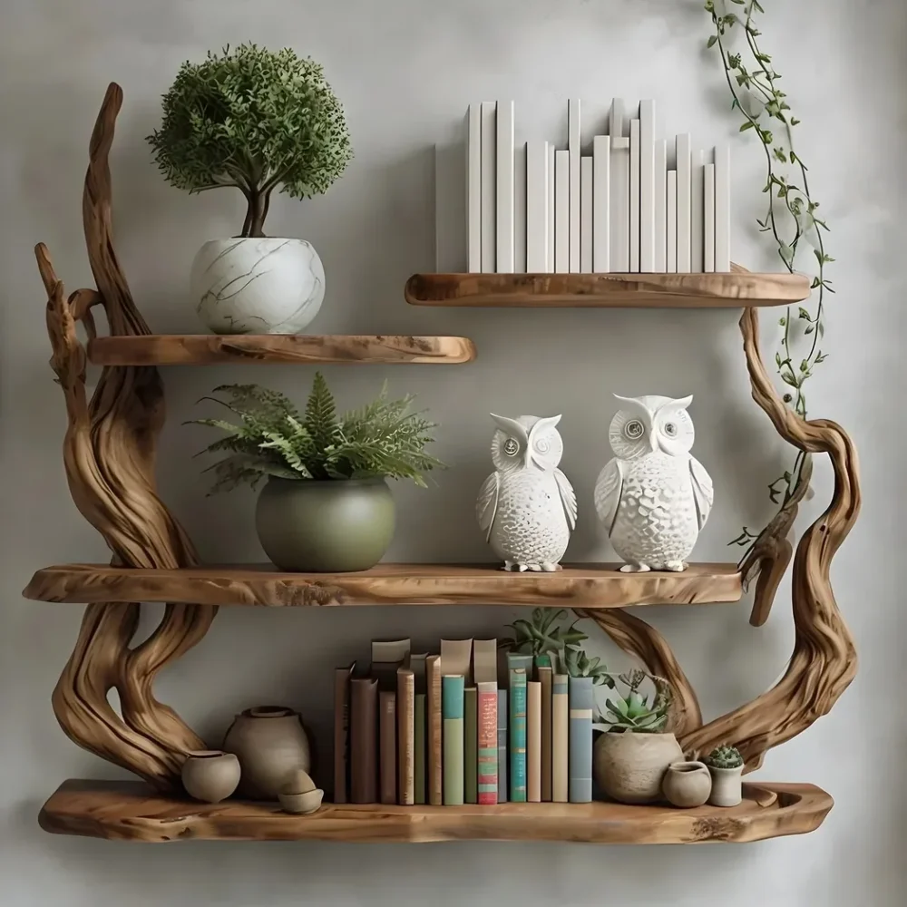 Handmade driftwood bookshelf, wall-mounted bookshelf