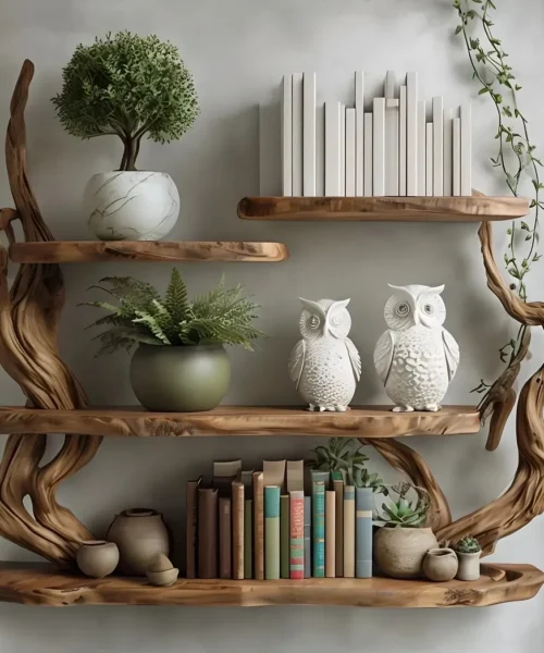 Handmade driftwood bookshelf, wall-mounted bookshelf