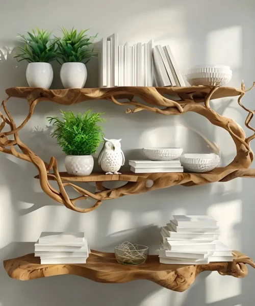 Library bookshelf made of driftwood