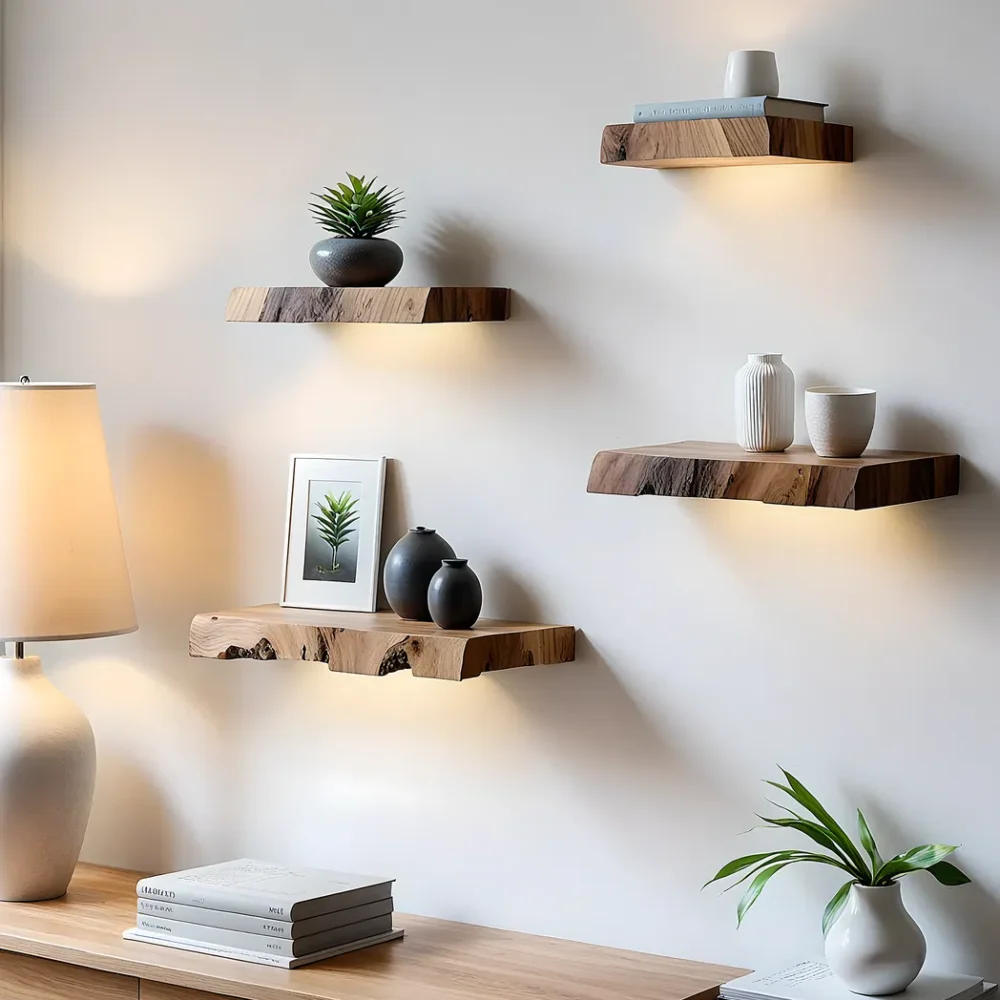 Live edge walnut corner floating shelves, Bookshelf decorations corner rustic wooden shelf wall floating shelf