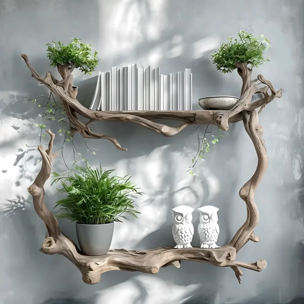 Raw wooden bookshelf decorates the living room
