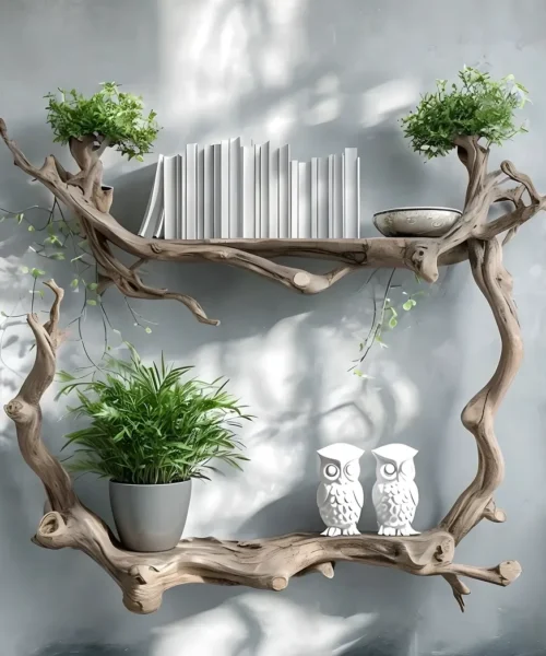 Raw wooden bookshelf decorates the living room
