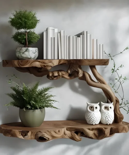 Solid wood floating shelf with decorative tree branches