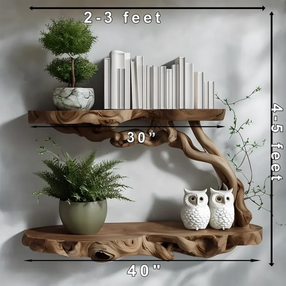 Solid wood floating shelf with decorative tree branches - Image 2