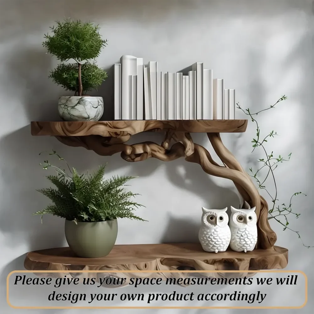 Solid wood floating shelf with decorative tree branches - Image 3
