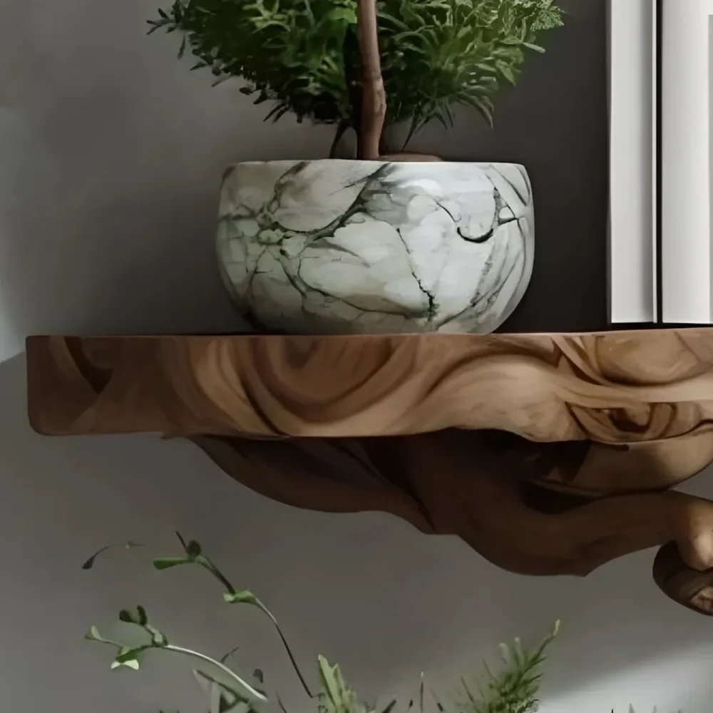Solid wood floating shelf with decorative tree branches - Image 4
