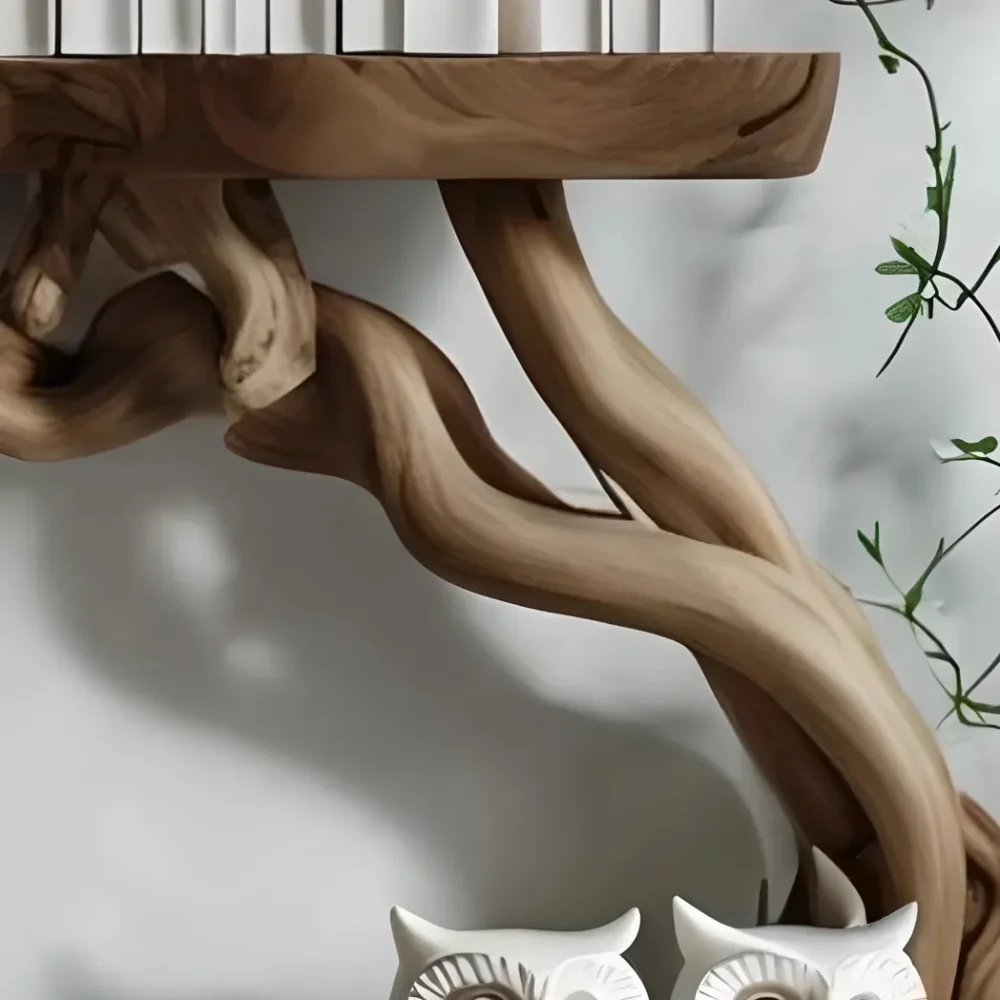 Solid wood floating shelf with decorative tree branches - Image 5