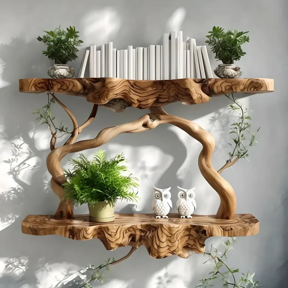 Solid wood rustic floating shelves, tree branch-shaped floating shelves