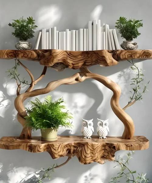 Solid wood rustic floating shelves, tree branch-shaped floating shelves