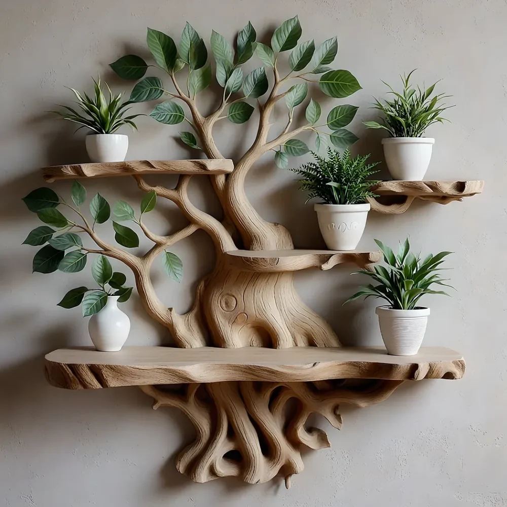Wall shelf decorated with ancient tree shape