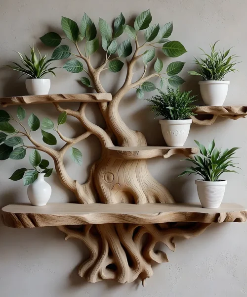 Wall shelf decorated with ancient tree shape