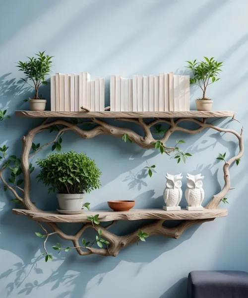 Wall-mounted bookshelf shaped like tree branches made of natural wood