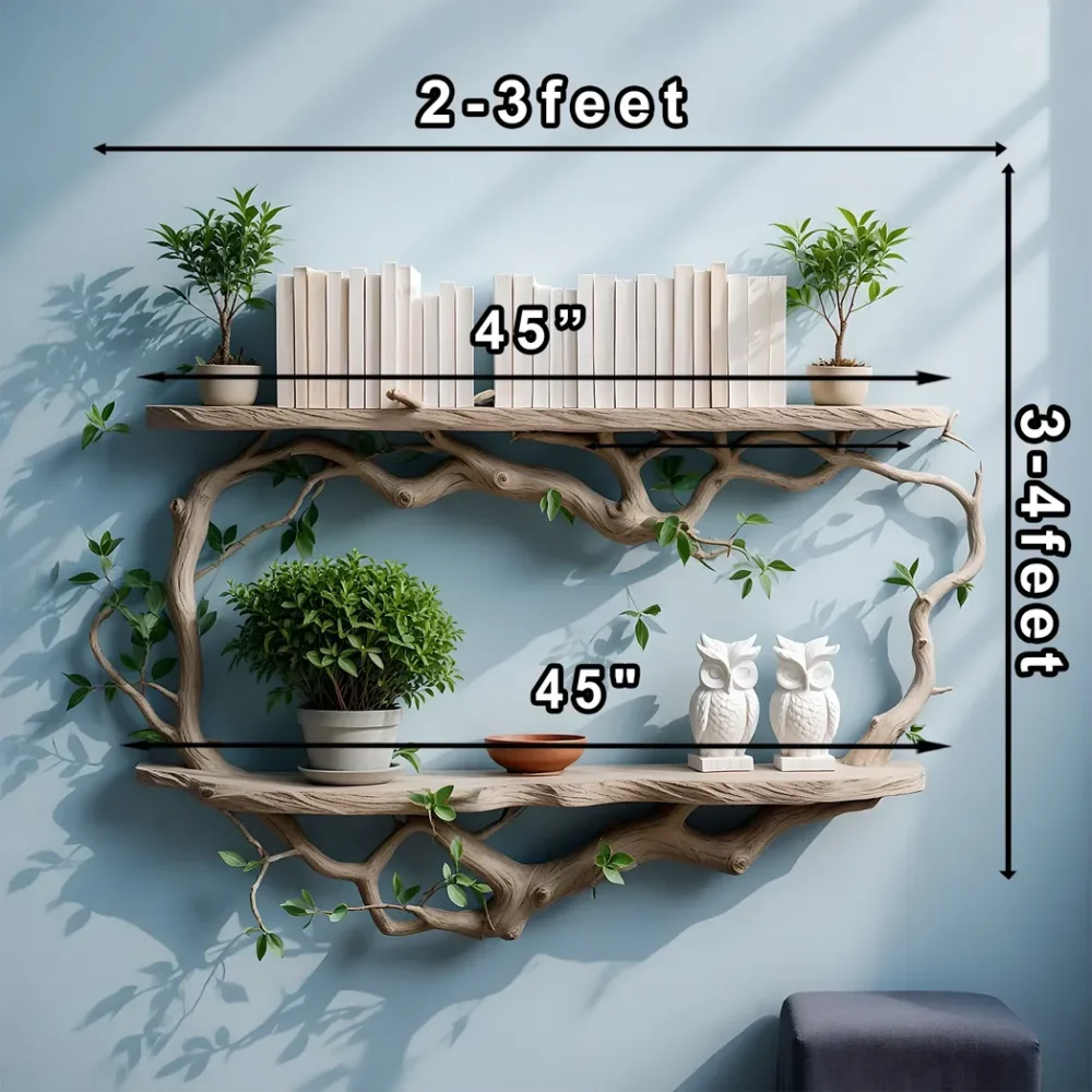 Wall-mounted bookshelf shaped like tree branches made of natural wood - Image 2