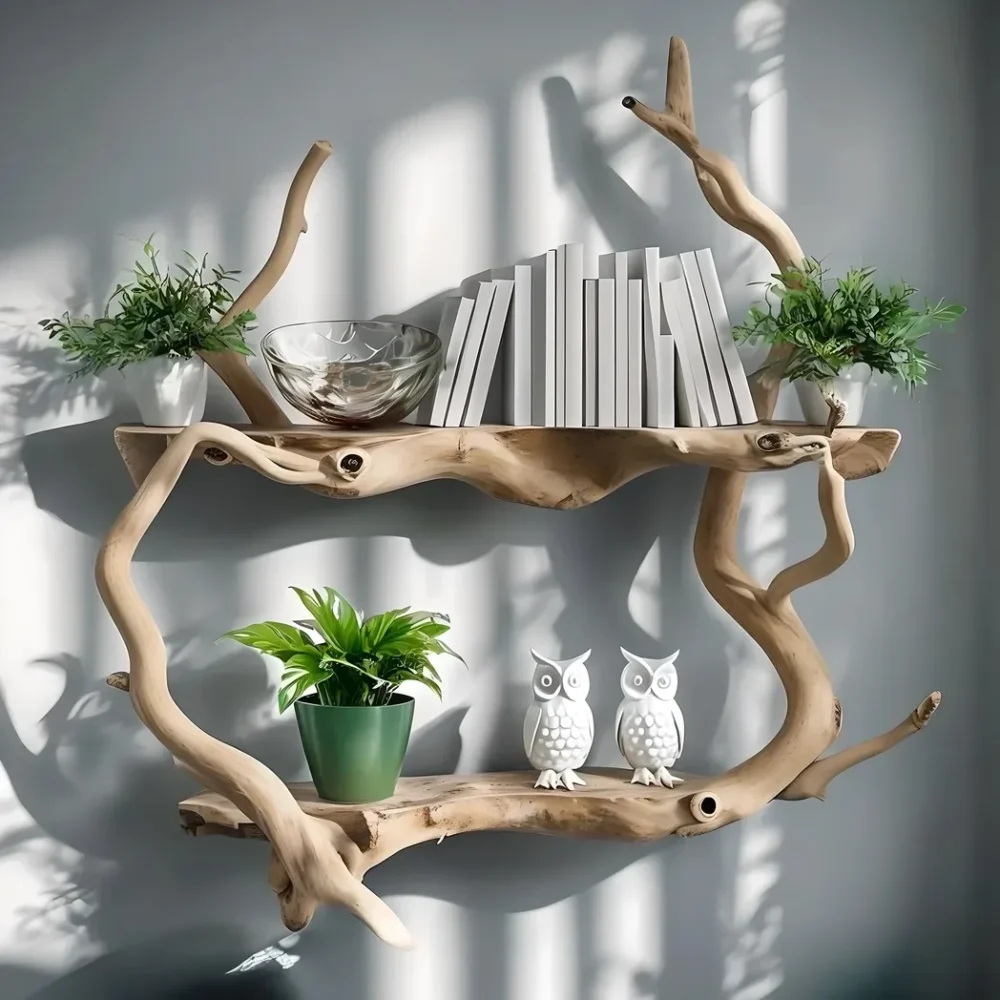 Wall-mounted tree branch bookshelf