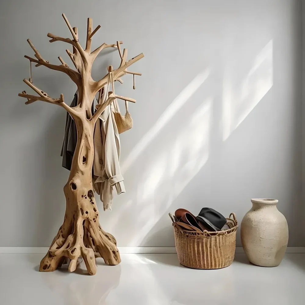 Tree-shaped coat hanger made of solid wood