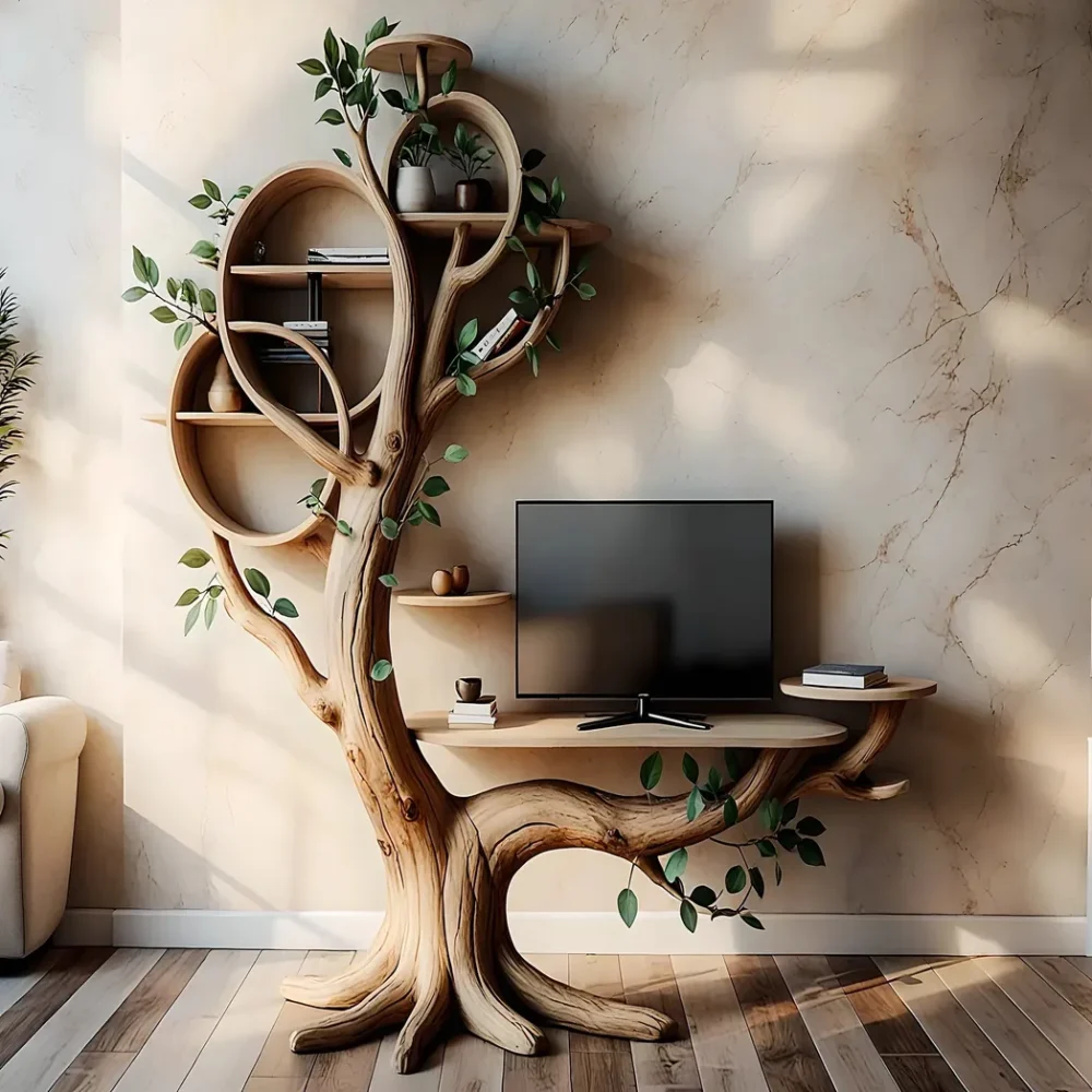 Unique wooden TV shelf, solid wood tree shaped TV shelf