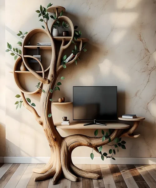 Unique wooden TV shelf, solid wood tree shaped TV shelf